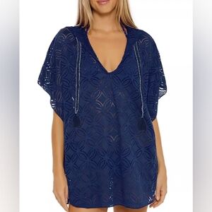 TRINA TURK Navy Blue Patterned Hooded Poncho swim cover